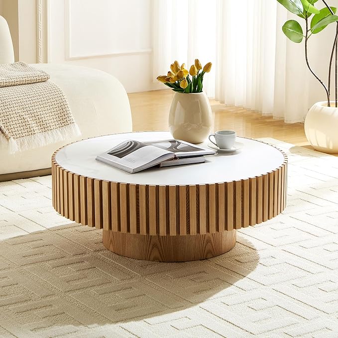 35.43" Round Coffee Table,Modern Handcraft Relief Drum Circle Wood Side End Accent Center for Living Room, Apartment, Oak