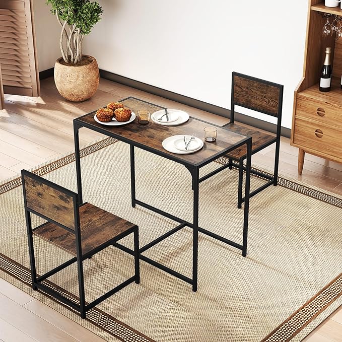 COSTWAY Small Dining Table for 2, Industrial Table and Chairs Set w/Metal Frame, Wood Grain Surface, 3-Piece Dinette Set, Space-Saving Kitchen Table Set for Small Place, Apartment, Home (Rustic Brown)