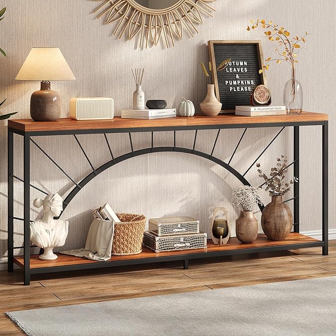 70.9 Inch Console Table, Extra Long Industrial Sofa Tables, 2-Tier Behind Couch Table, Foyer Tables for Entryway, Hallway, Living Room, Unique Design