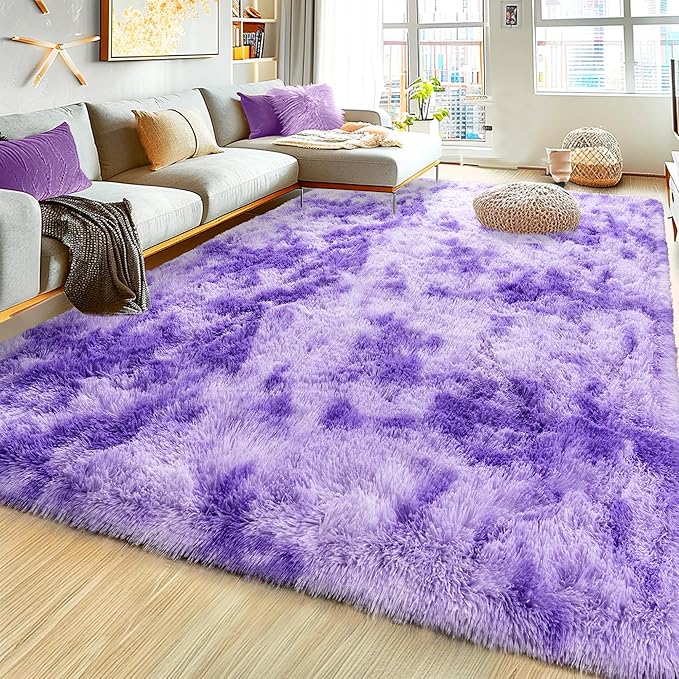 Ultra Fluffy Area Rugs for Living Room Bedroom, 6x9 Fuzzy Large Living Room Rugs, Thick Shag Rug for Dorm, Soft Non Slip Kids Girls Boys Rug for Home Decor Aesthetic, Tie-Dyed Purple