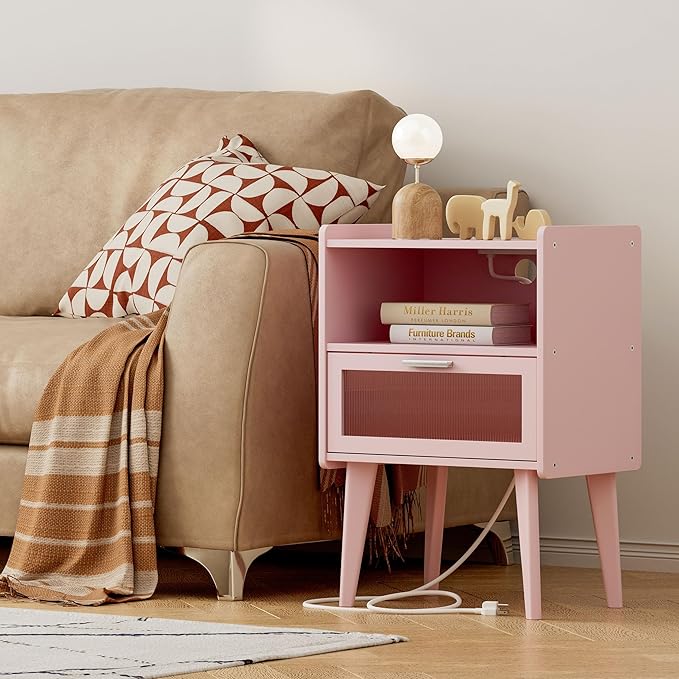 Nightstand with Charging Station, Bedside Tables Pink End Table Side Table with 2 Tiers Storage Space, for Bedroom Living Room MLBZ07PE