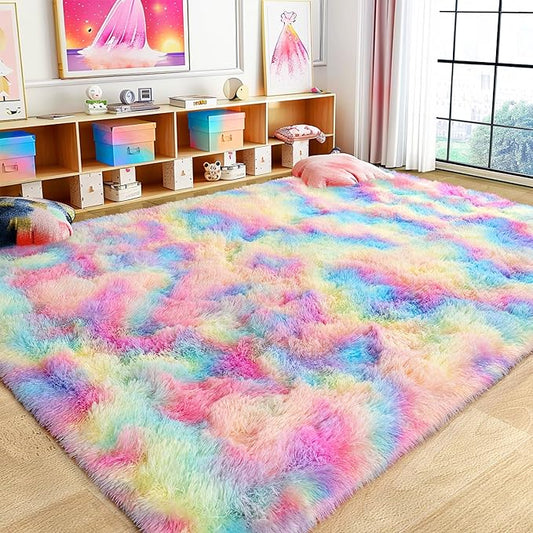 Ultra Fluffy Rug for Living Room Bedroom, 5x7 Fuzzy Large Area Rug for Living Room, Plush Soft Shag Carpet for Girl Boy Kids, Non Slip Rug Modern Indoor Home Decor Aesthetic, Rainbow