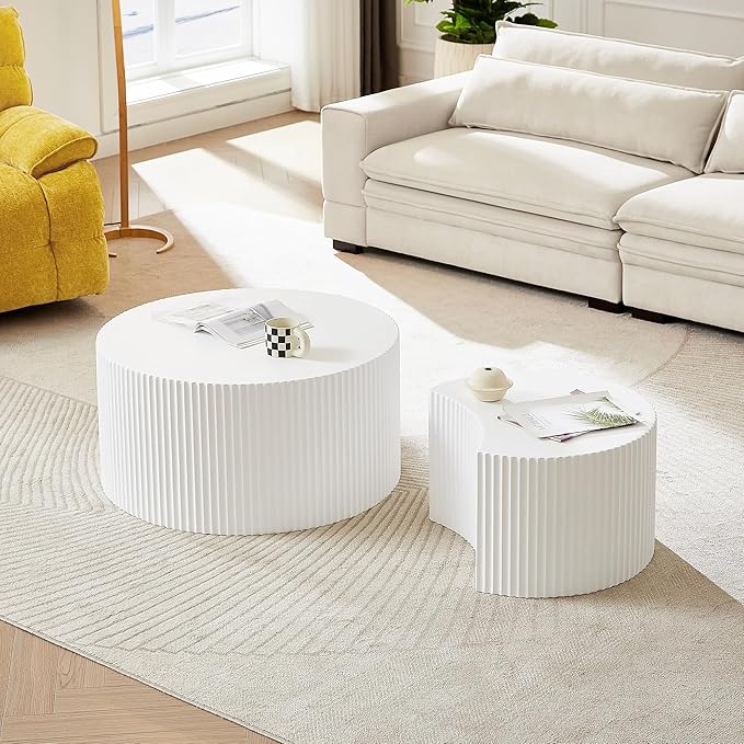 Nesting Coffee Table Set of 2, Modern Round Wooden Circle Accent Coffee Tables for Small Spaces Living Room Bedroom Balcony Office Drum Side Table