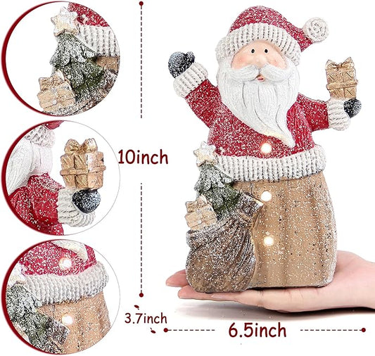 Santa Claus Statue with LED Lights for Christmas Decorations, Winter Holiday Decor for Shelf Bookshelf Fireplace Mantle Indoor Home, Christmas New Year Xmas Figurine