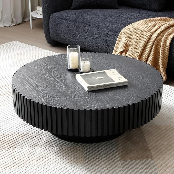 Round Coffee Table, Modern Wooden Coffee Table for Living Room, Farmhouse Circle Center Table, Drum Fluted Accent Tea End Table for Apartment Small Space (31" Black)