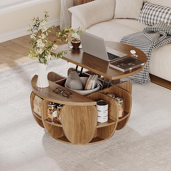 32.7" Lift Top Coffee Table with Storage, Wood Round Center Table with Hidden Storage Compartment & Shelves, Mid Century Modern Coffee Tables for Living Room Rustic Accent Small Center Table