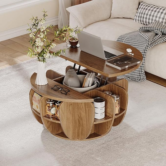 32.7" Lift Top Coffee Table with Storage, Wood Round Center Table with Hidden Storage Compartment & Shelves, Mid Century Modern Coffee Tables for Living Room Rustic Accent Small Center Table