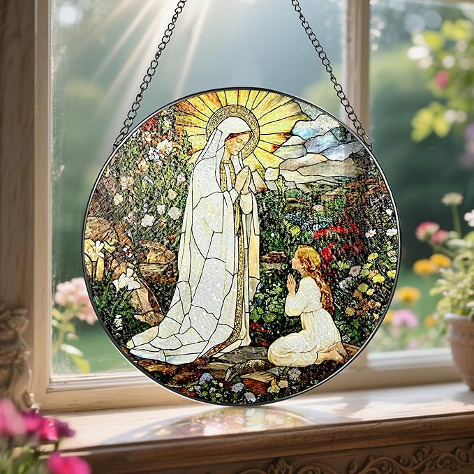 8 Inch Lady of Lourdes Stained Glass Suncatcher, Stained Glass Window Hanging, Virgin Mary Religious Window Hanging, Gift for Mothers Day, Catholic Home Decor, Faith Gift for Christian, Religious Gift