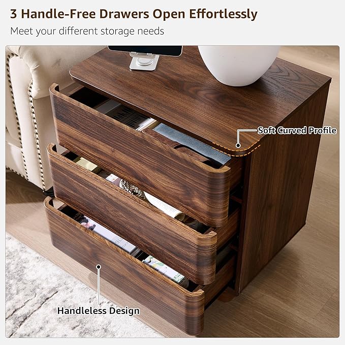 ACCOHOHO 22" Modern Nightstand with Charging Station, Push-to-Open Handleless 3 Drawers Bedside Table, Large End Table with Storage, Night Stand for Bedroom, Living Room, Curved Profile, Brown