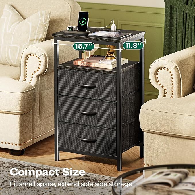 Huuger Night Stand with Charger Station and LED Lights, 3 Drawer Nightstand, Bed Side Table with Open Shelf, End Table, Tall Fabric Dresser for Bedroom, Black