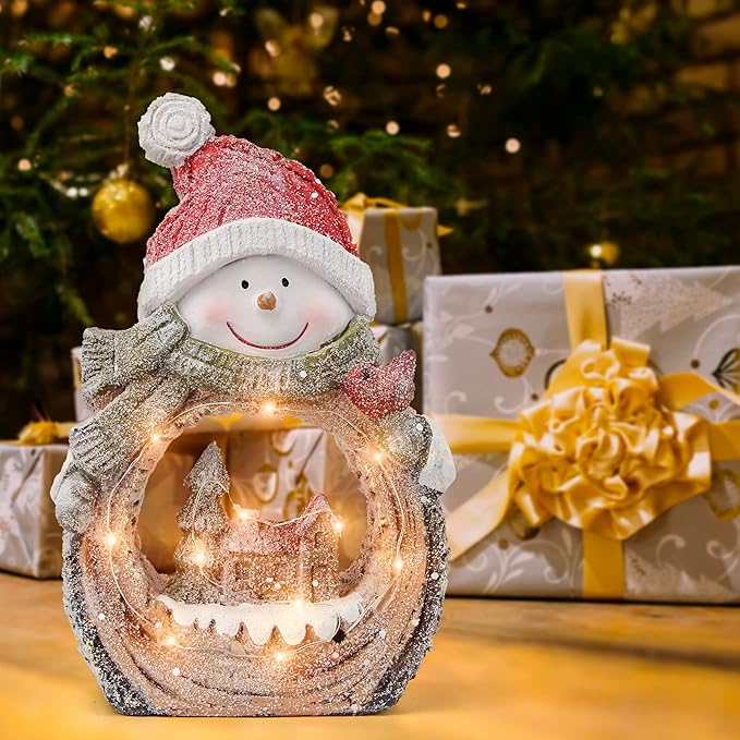 Snowman Statue with LED Lights for Christmas Decorations,Holiday Decor Figurine for Shelf Bookshelf Desk Fireplace Home Decor Accents,Indoor Winter Frosty Battery Operated 6h Timer