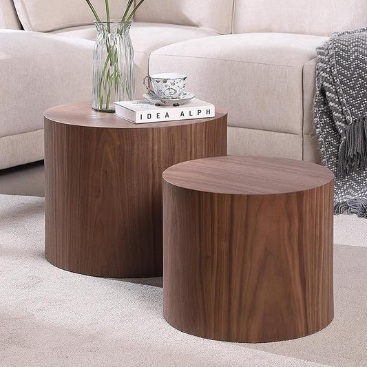 Small Coffee Table Nesting End Table Set of 2, Round Coffee Table Wood Side Table Circle Accent Tables for Small Spaces Living Room Bedroom Balcony Office, Walnut