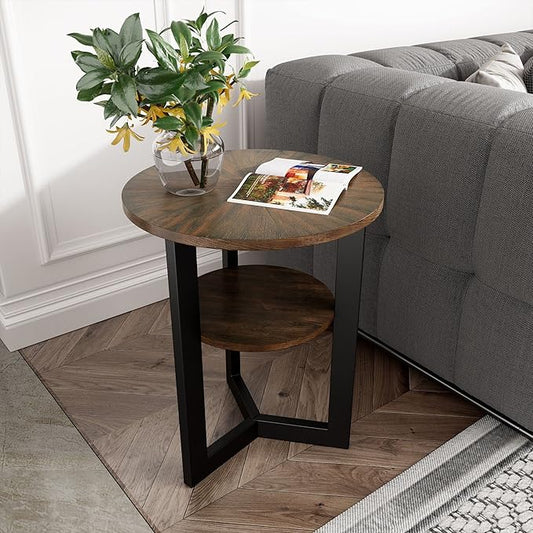 Round End Table with Storage Shelf, 19.29in Circel Accent Side Table with Black Metal Legs, 2-Tier Wood Round Sofa Side Table for Living Room Bedroom, Brushed Brown-BZ