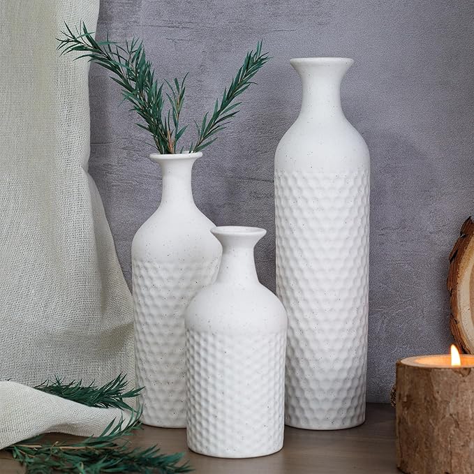 Small White Vases for Home Decor, Decorative Ceramic Vase Set, Matte Finish Honeycomb Texture, Modern Farmhouse Vases for Coffee Table, Bookshelf, Kitchen, Bathroom, Office Desk Decor