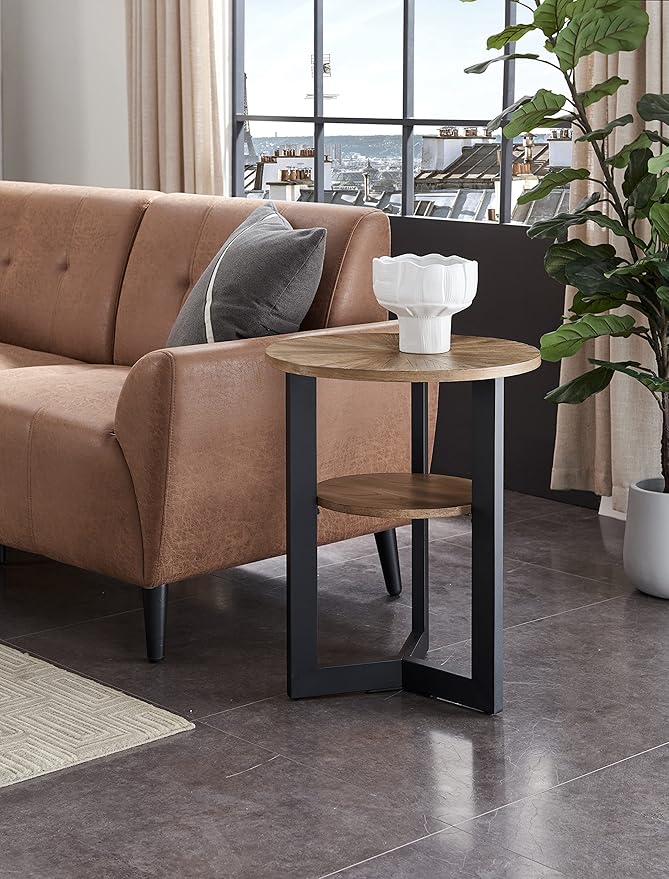 LEEMTORIG Round Side Table, 2-Tier High End Table Nightstand with Metal Legs, Modern Bedside Couch Table for Living Room, Bedroom, Office, Rustic Natural/Black, 19.3 x 19.3 x 24 inches BZ-1338