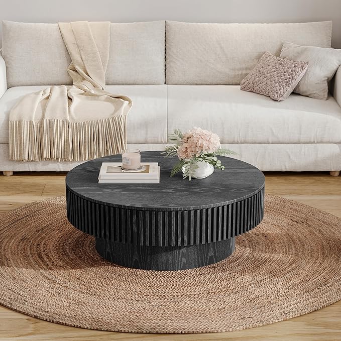 31.5 Inch Round Drum Coffee Table with Storage, Handcraft Fluted Drum Coffee Table, Modern Wooden Round Coffee Table Center Table with Sturdy Pedestal for Living Room Apartment (Black)