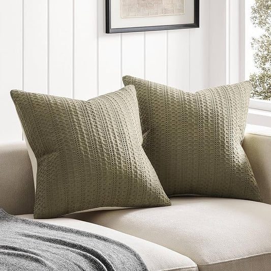 ZeeMart 100% Cotton Waffle Textured Throw Pillow Covers Set of 2, 18x18 Inch Khaki Green, Soft Farmhouse Decorative Couch Pillow Cases Green Cushion Covers for Sofa Bed Living Room Home Decor