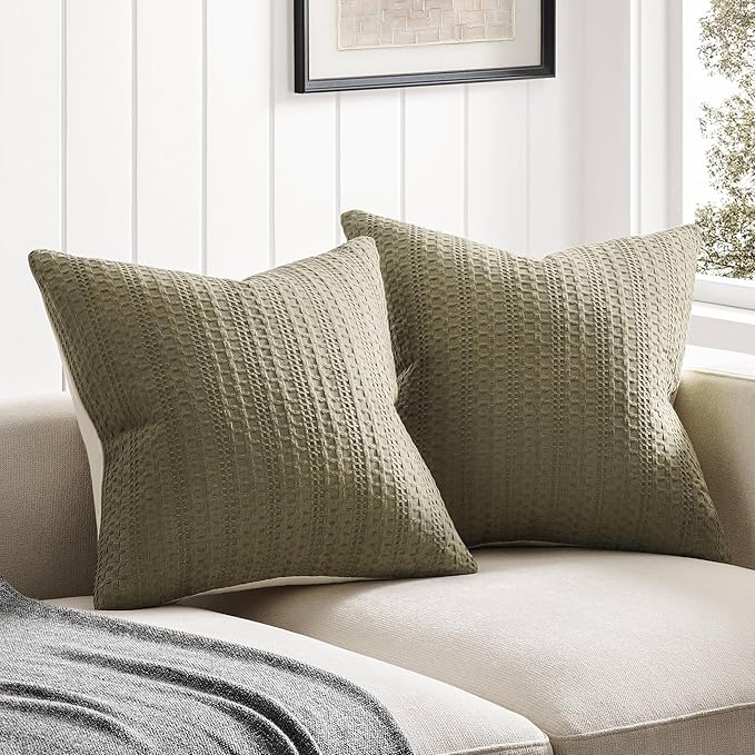 ZeeMart 100% Cotton Waffle Textured Throw Pillow Covers Set of 2, 20x20 Inch Khaki Green, Soft Farmhouse Decorative Couch Pillow Cases Green Cushion Covers for Sofa Bed Living Room Home Decor