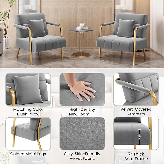 Yaheetech 30" W Accent Chair Velvet Oversized Armchair Living Room Chair with Golden Frame & Cozy Pillow for Living Room, Bedroom, Office Light Gray