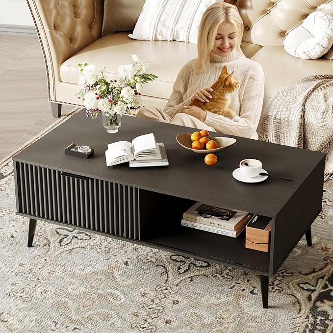 41.34''D Coffee Table, 2-Tiers Farmhouse Coffee Tables With Storage and Sliding Wave Pattern Door, Modren Tea Table, Wooden Dining Center Tables for Living Room, Office, Bedroom, Outdoors, Black