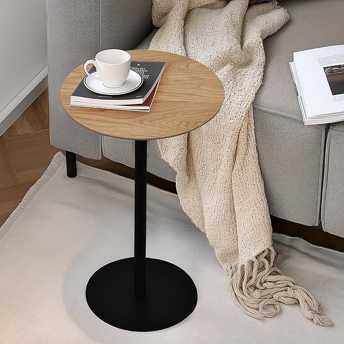 Get Set Style Drink Table, Round End Table, Side Table, Modern Pedestal Table with Metal Base, Small Accent Table for Sofa Couch/Chair, Living Room, Bedroom, Dorm, Patio (Natural)