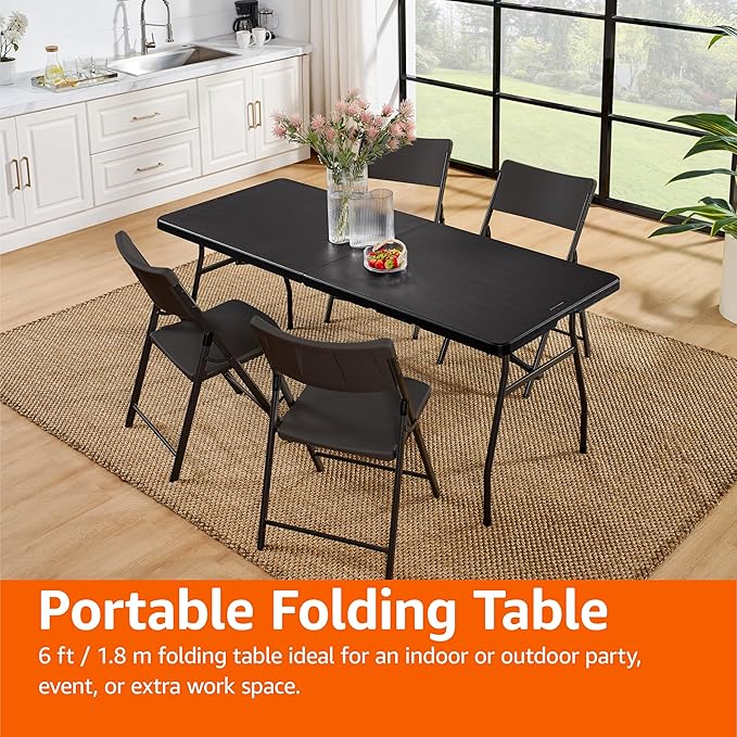 Amazon Basics Heavy Duty Portable Folding Table 6 ft with Carrying Handle, Indoor & Outdoor, Black