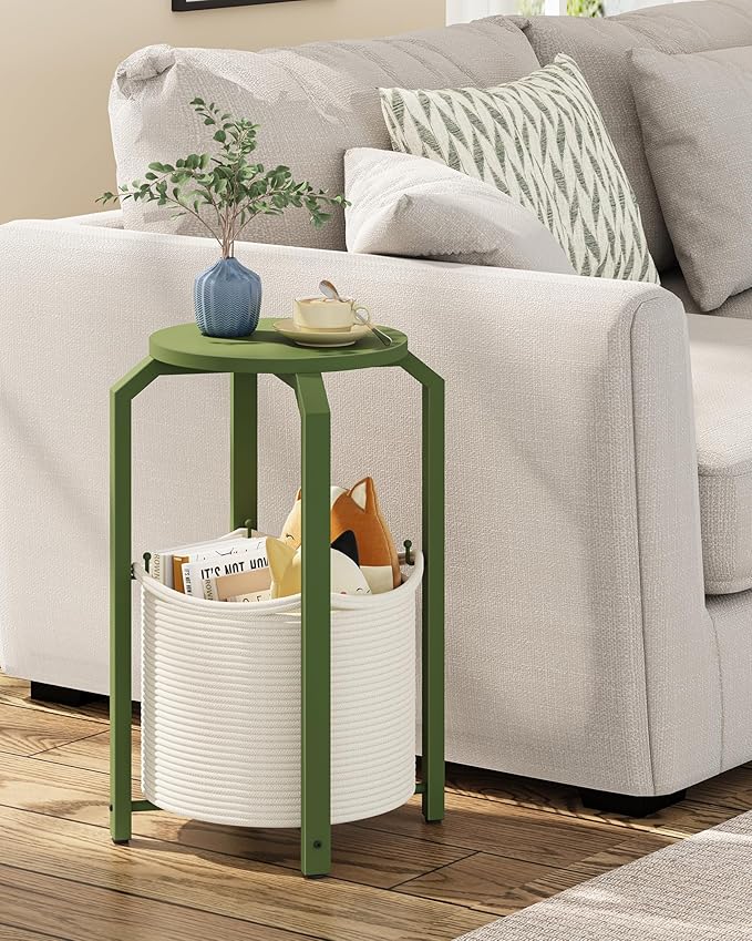TUTOTAK Small Side Table, Round End Table, Night Stand, Bedside Table, Sofa Table with Storage Basket, Living Room, Bed Room, Olive Green TB01BOG092