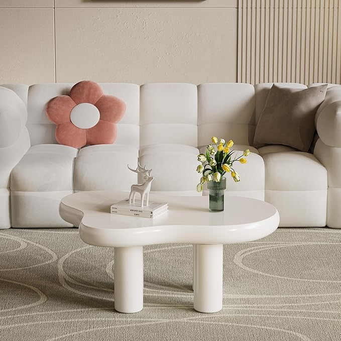 39.37" Cloud Coffee Table, Modern Coffee Table Small Coffee Table, 39.37 inch Wood Coffee Table Center Table, Cloud Shaped Accent Sofa Side Coffee Table for Living Room Apartment, Cream White