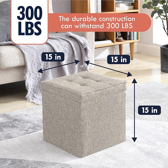 Ornavo Home Square Storage Ottoman Linen Foldable Tufted Cube Storage Ottoman Foot Rest Stool/Seat with Table Top Lid, Coffee Table Ottoman - 15" x 15" x 15" (Beige)