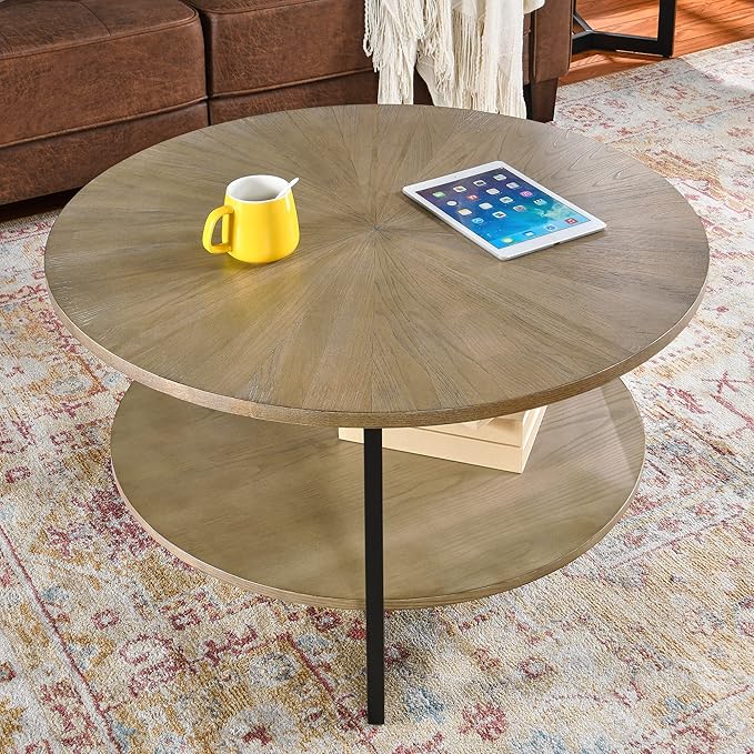 Round Coffee Table with Storage Shelf, 33.5in Circle Accent Center Table with Black Metal Legs, 2-Tier Industrial Cocktail Table for Living Room, Yellowish Brown-1338