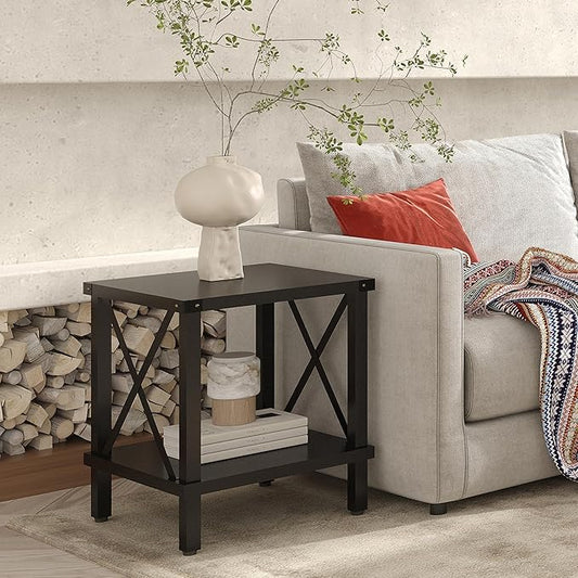 Large End Table Farmhouse Side Table Industrial Style Sofa Table Coffee Table Metal X Accent Wood End Table NightStand with Storage Shelf for Living Room Bedroom Black MLBZ16B