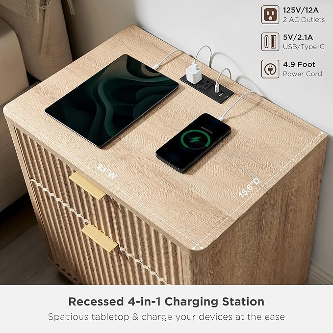 T4TREAM 23'' Fluted Nightstand Set of 2 with Charging Station, Large 2 Drawer Bedside Table, Modern End Table with Storage, Mid Century Night Stand for Bedroom Living Room, Curved Profile, Natural Oak