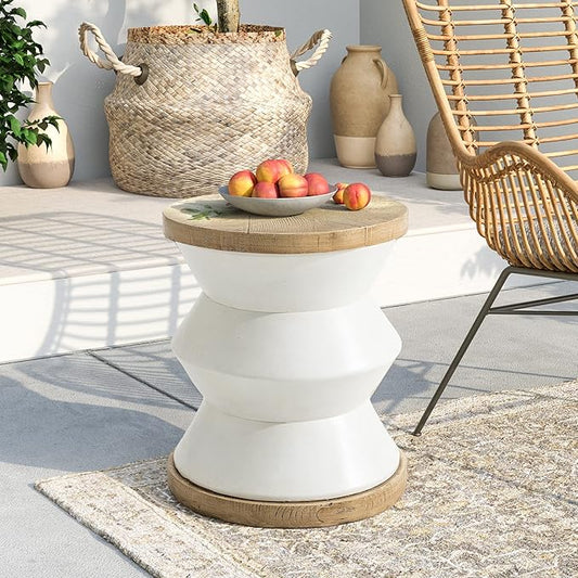 SUNBURY Outdoor Side Table White, Concrete Side Table Accent Table 14" W, Patio Round Drum Table, Plant Stand Garden Stool End Table for Outside, Deck, Poolside