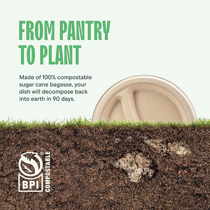 100% Compostable, 3 Compartment, Disposable Paper Plates [125-Pack] - {PFAS Free} - {BPA Certified} - [9 Inch] Heavy Duty Biodegradable Bagasse Sectional Lunch Trays + Dividers - Divided Platte Tray