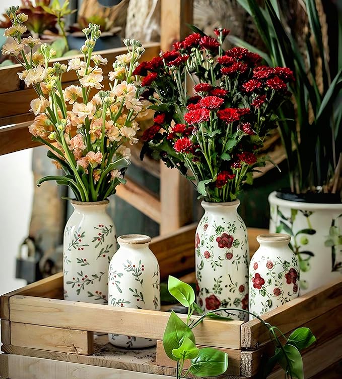 Ceramic Rustic Farmhouse Vase, Holly Pattern Flower Vase for Home Decor, Ideal Shelf Decor, Boho Vase for Living Room Bedroom Kitchen Office Decor Centerpiece Table Decorations (7.8 inches)…