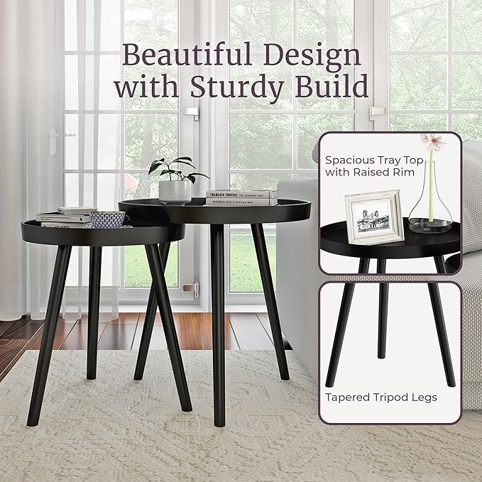 Nesting Side Tables - Set of 2 Round End Tables for Living Room, Bedroom, or Home Office - Accent Table Set with Tray Tops - Mid-Century Modern Living Room Furniture by Lavish Home (Black)