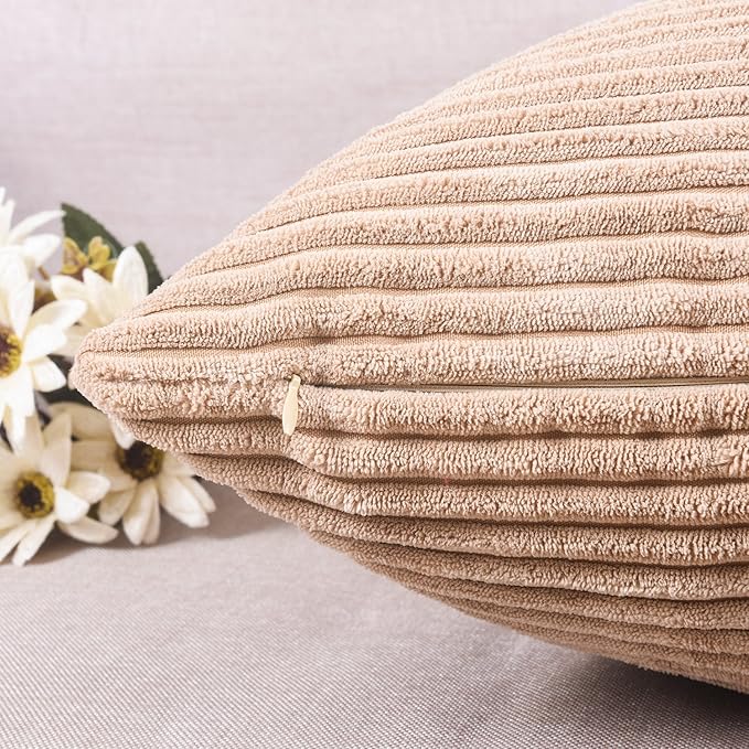 Home Brilliant 18x18 Throw Pillow Covers Decorative Set of 2 Soft Velvet Corduroy Striped Square Cushion Cover for Bench Couch Decor, 18 x 18 inch, Taupe