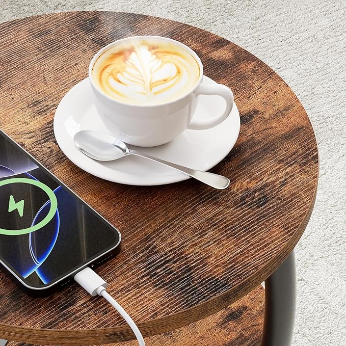 Round Side Table with Power Outlet & USB Ports, 3-Tier End Table with Storage Shelf, Modern Rustic Nightstand, Small Spaces Accent Table for Living Room Bedroom, Easy Assembly, Rustic Brown