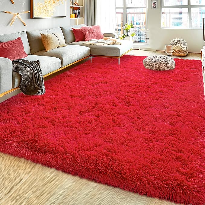 8x10 Large Area Rugs for Living Room, Ultra Fluffy Shag Rug for Bedroom, Modern Plush Soft Carpet for Girls Boys Kids Room Dorm Fuzzy Non Slip Rug for Home Decor Aesthetic, Red