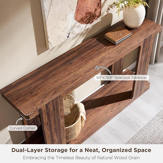OKD 63 Inch Modern Entryway Console Table, 2-Tier Long Sofa Table Behind Couch with Curved Edge, Wood Farmhouse Narrow Entry Table for Hallway, Living Room, Foyer, Entrance, Rustic Walnut