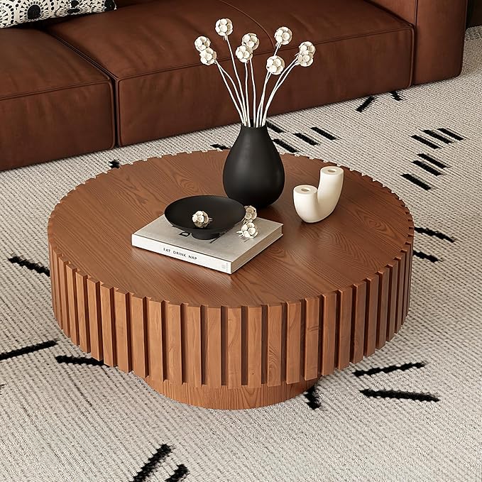 31.5" Round Drum Coffee Table, Modern Handcraft Fluted Drum Center Table, Wooden Round Coffee Table Center Table with Sturdy Pedestal for Living Room Apartment (Natural Wood)
