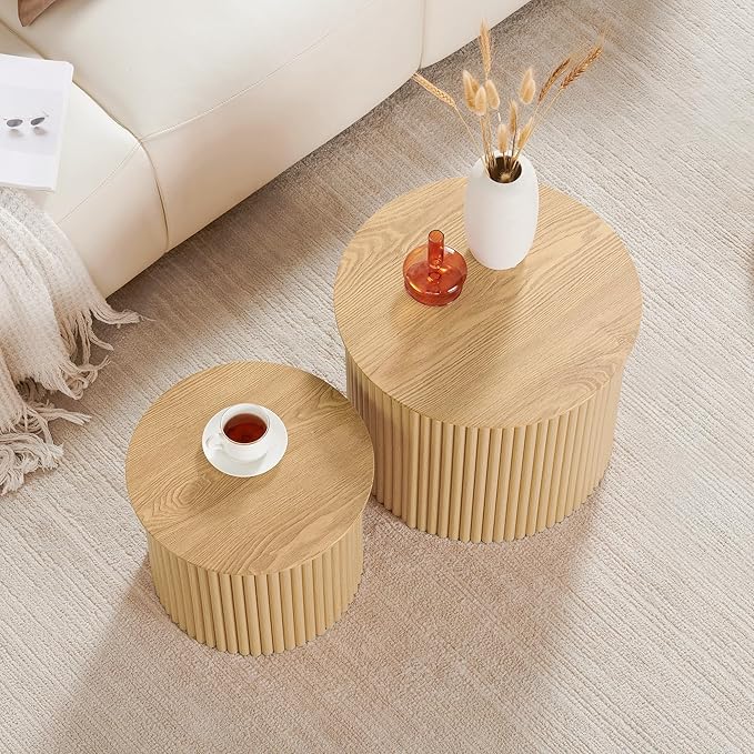 AVZEAR Round Nesting Coffee Table Set of 2, Small Fluted Coffee Table Circle Side Table, Boho Modern Wood Nesting Tables Farmhouse End Table Set for Living Room, Bedroom, Small Spaces(Natural)