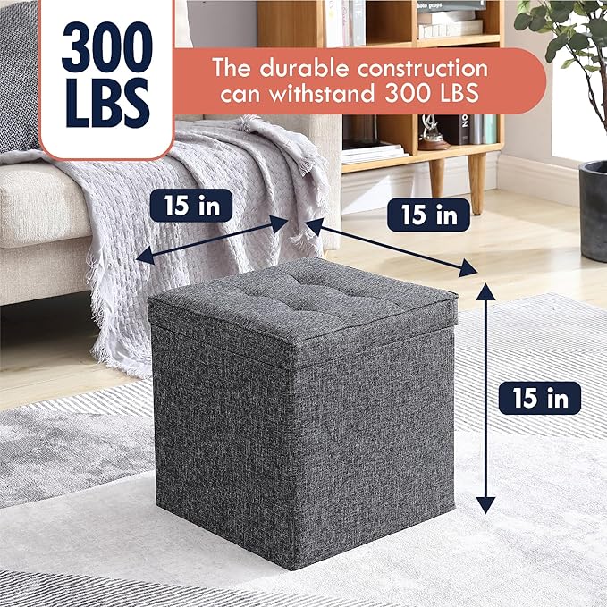 Ornavo Home Square Storage Ottoman Linen Foldable Tufted Cube Storage Foot Rest Stool/Seat with Table Top Lid, Coffee Table Ottoman - 15" x 15" x 15" (Black)