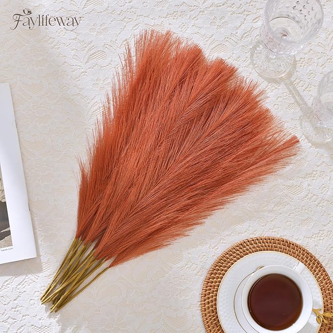 𝟱𝟬pcs Orange Pampas Grass 𝟭𝟳in, Pompas Grass Home Decor, Artificial Pampas Grass Bulk Boho Vase Filler Table Centerpieces Party Wedding Decorations