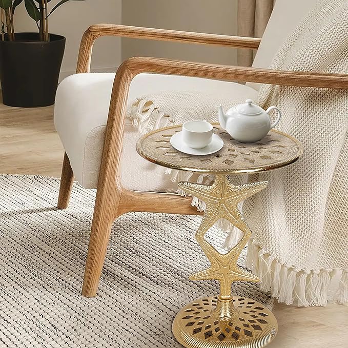 Alpha Living Home Drink Table Small Round Pedestal Side Table Modern Cocktail Table for Patio Sofa Couch Chair Vintage Indoor Metal End Tables for Living Room, Bathroom 15x19 (Gold)