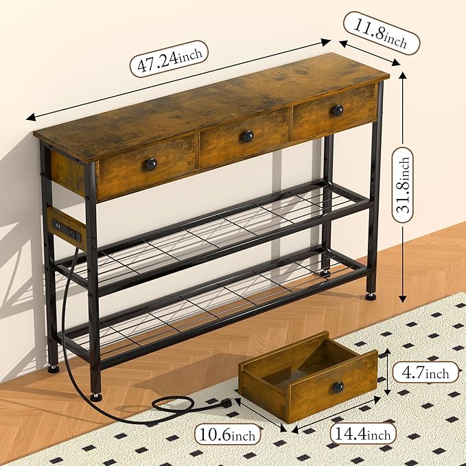 GRLEAF 47" Console Table with Outlets & USB Ports – Narrow Entryway Table with 3 Drawers and Storage Shelves, Power Strip Sofa Table for Living Room, Hallway, Kitchen, Foyer – Rustic Brown Wood Finish