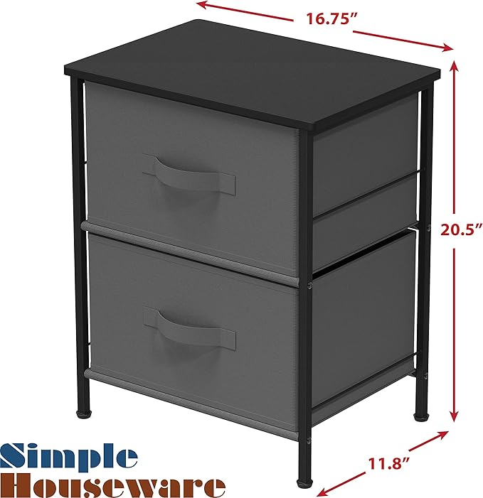 SIMPLE HOUSEWARE 2 Tier Night Stands Dresser for Bedroom Organizer Drawer Storage Tower, Dark Grey
