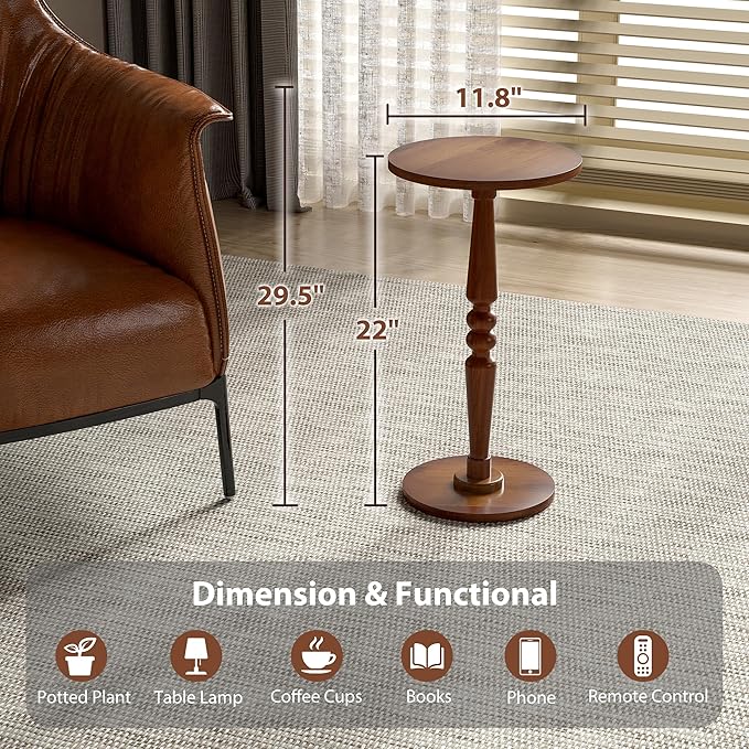 Small Wood Round Side Table - Modern Accent Nightstand Pedestal Table for Living Room, Bedroom - Compact Drink Table for Small Spaces, Corners, Office