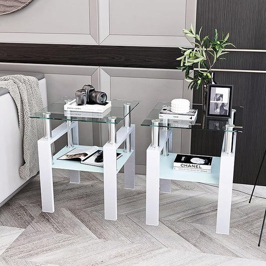 Glass Side Table 2-Tier Modern Glass Top Corner Table Living Room Side Table with Metal Leg for Living Room, Dining Room, Bedroom (2, White)