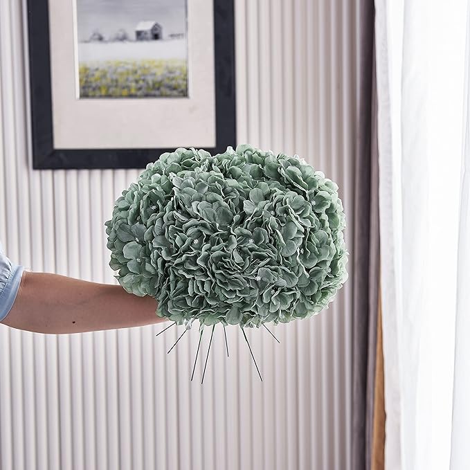 10Pcs Sage Green Artificial Hydrangea Flower Heads Hydrangea Silk Flowers Head for Wedding Centerpieces Bouquets DIY Floral Decor Home Decoration